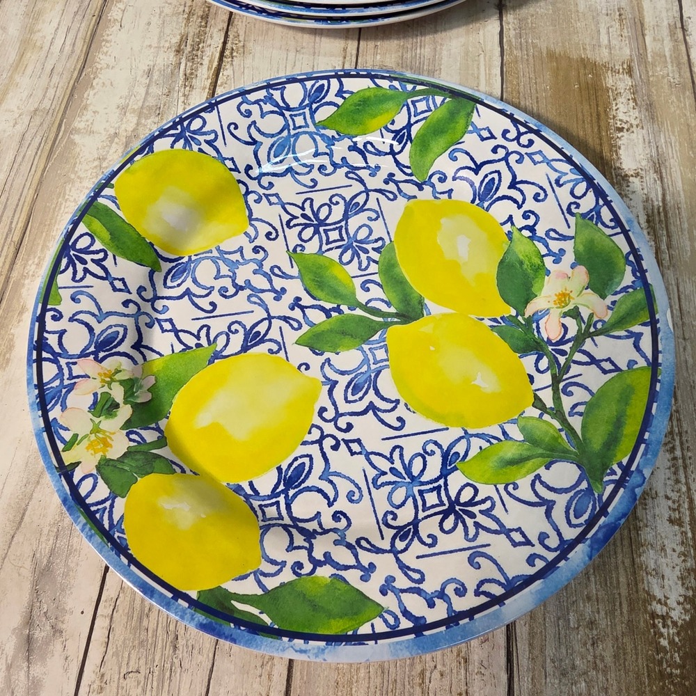 Set of 4 Melamine Lemon Dinner Plates Blue White Mediterranean Tile Citrus 10in - Picture 4 of 6